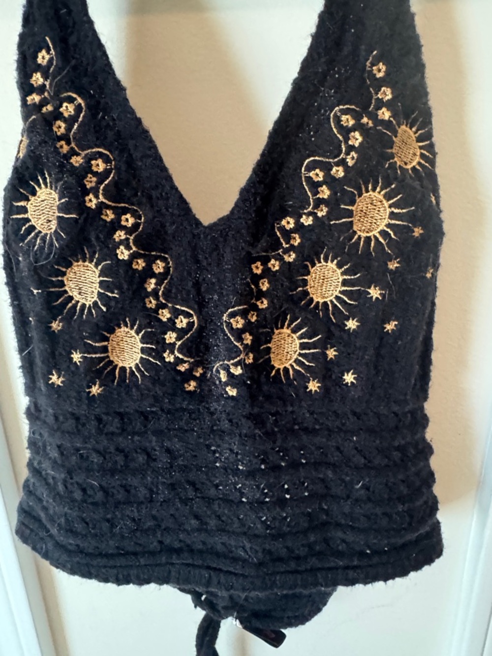 Black Embroidered Halter Crop Top with Sun Motif - Picture 2 of 4